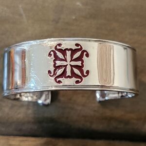 Silver Tone Cuff Bracelet with Burgundy Enamel Floral Motif